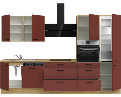 Komplette Küche mit Spüle, Geschirrspüler, Schubladen, Hängeschränken, Dunstabzugshaube, Backofen und Kühlschrank