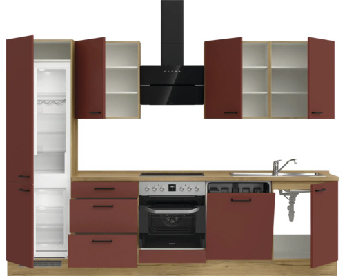 Komplette Küchenzeile mit Kühlschrank, Herd, Spüle und Dunstabzugshaube in modernem Design