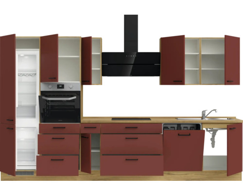 Komplette Küche mit Schränken, Schubladen, Spüle, Geschirrspüler, Herd, Backofen, Dunstabzugshaube und Kühlschrank