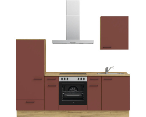 Küchenzeile mit Spüle, Herd, Dunstabzugshaube und Schränken