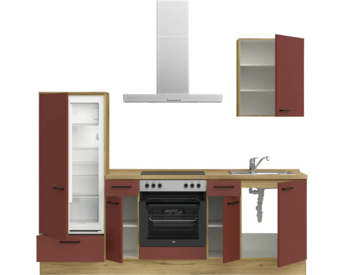 Küchenzeile mit Kühlschrank, Herd, Spüle und Dunstabzugshaube