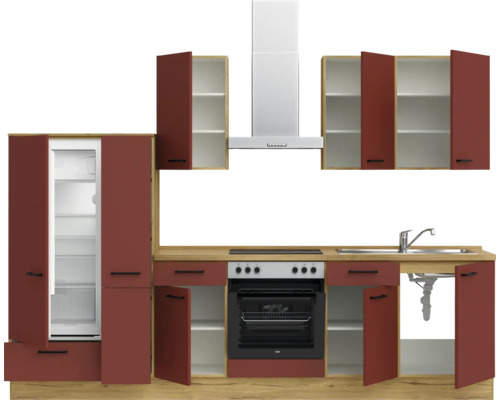 Komplette Küchenzeile mit Hängeschränken, Spüle, Herd, Backofen, Dunstabzugshaube und Kühlschrank.
