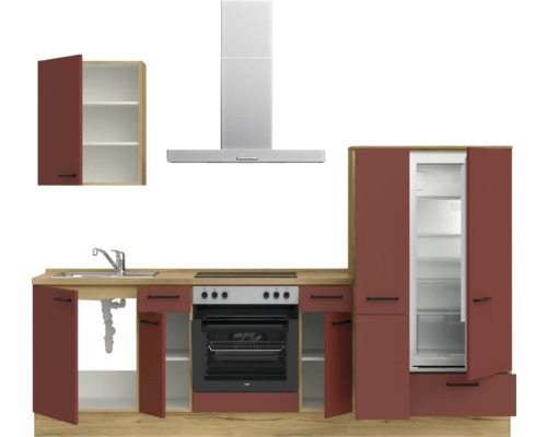 Komplette Küchenzeile mit Spüle, Herd, Dunstabzugshaube und Kühlschrank