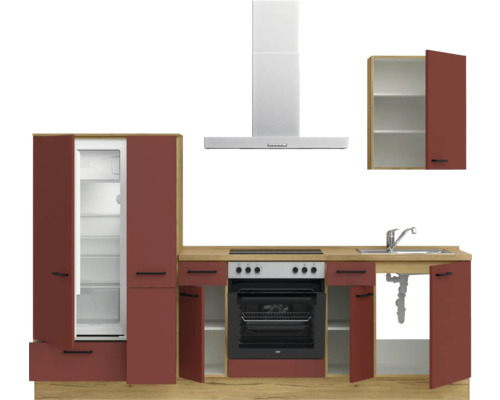 Küchenzeile mit Kühlschrank, Herd, Spüle und Dunstabzugshaube