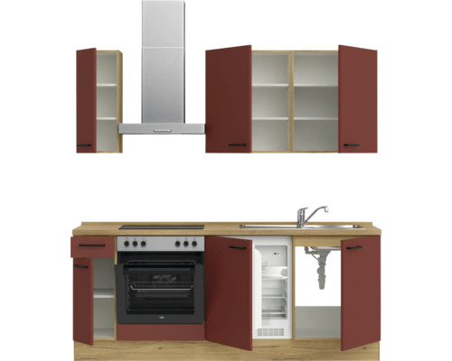 Komplette Küchenzeile mit Elektrogeräten, Dunstabzugshaube, Spüle, Herd, Backofen und Kühlschrank