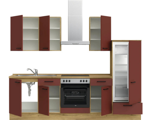 Komplette Küchenzeile mit Spüle, Herd, Dunstabzugshaube, Hängeschränken und Kühlschrank