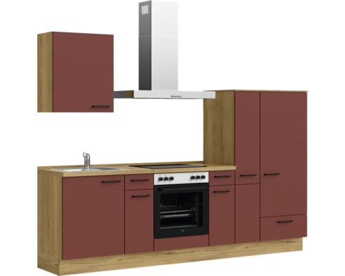 Küchenzeile mit Spüle, Herd, Backofen, Dunstabzugshaube und Schränken