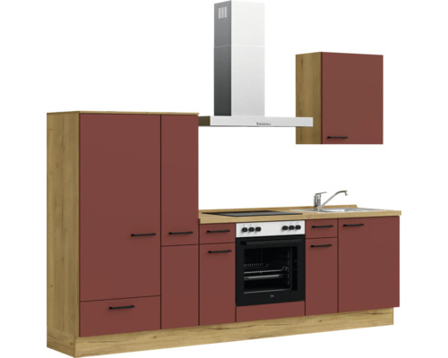 Küchenzeile mit Schränken, Spüle, Herd, Backofen und Dunstabzugshaube