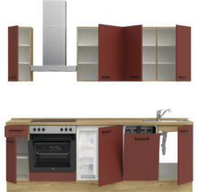 Komplette Küche mit Hängeschränken, Spüle, Herd, Backofen, Dunstabzugshaube, Kühlschrank und Geschirrspüler