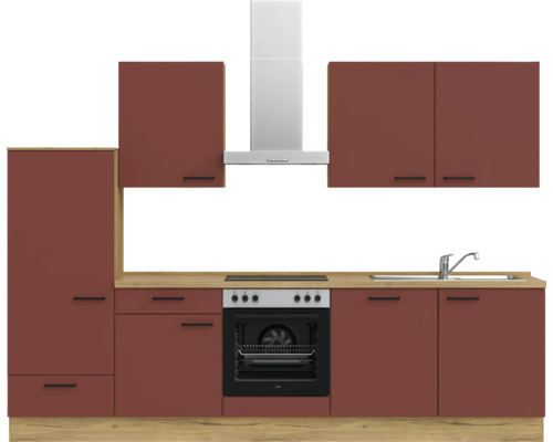 Komplette Küchenzeile mit Spüle, Herd, Dunstabzugshaube und Schränken