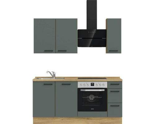 Komplette Küchenzeile mit Spüle, Herd, Dunstabzugshaube und Schränken