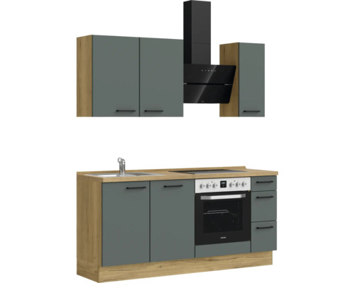 Küchenzeile mit Spüle, Herd, Backofen, Dunstabzugshaube und Hängeschränken