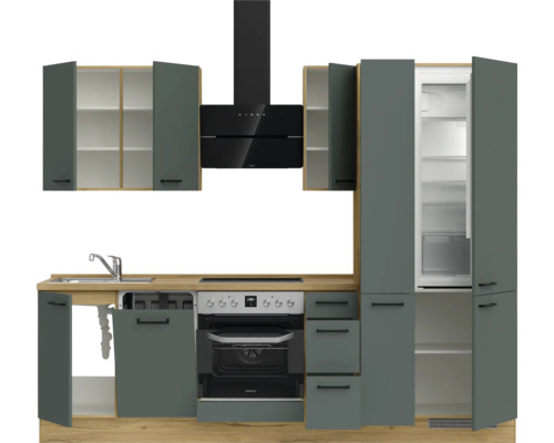 Küchenzeile mit Spüle, Herd, Backofen, Kühlschrank und Dunstabzugshaube