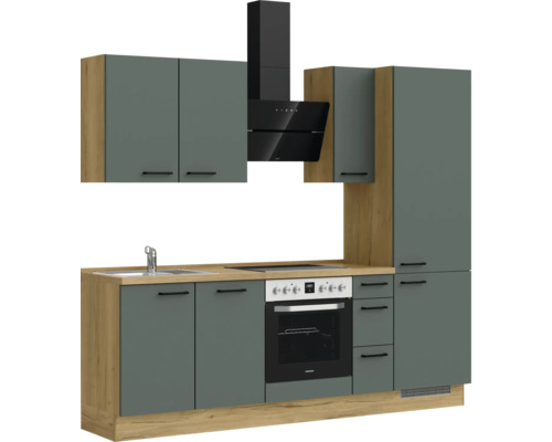 Komplette Küchenzeile mit Spüle, Herd, Dunstabzugshaube und Schränken in modernem Design