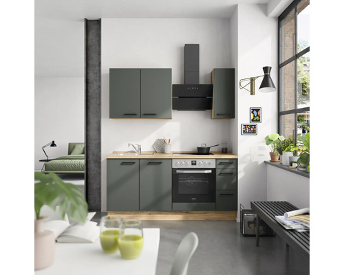 NOBILIA Küchenzeile mit Geräten Urban 180 cm mineralgrün matt vormontiert Variante rechts