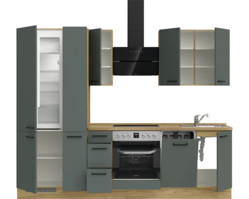 Komplette Küche mit Hängeschränken, Kühlschrank, Dunstabzugshaube, Spüle, Herd und Backofen