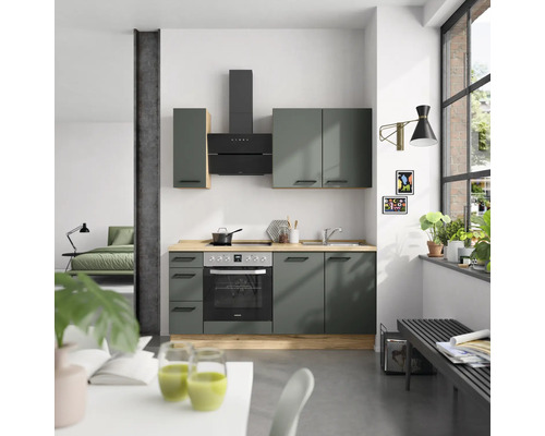 NOBILIA Küchenzeile mit Geräten Urban 180 cm Frontfarbe mineralgrün matt Korpusfarbe eiche sierra Variante links