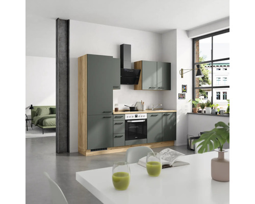 Moderne Küche mit Küchenschränken, Dunstabzugshaube und Elektroherd in einem hellen Raum.