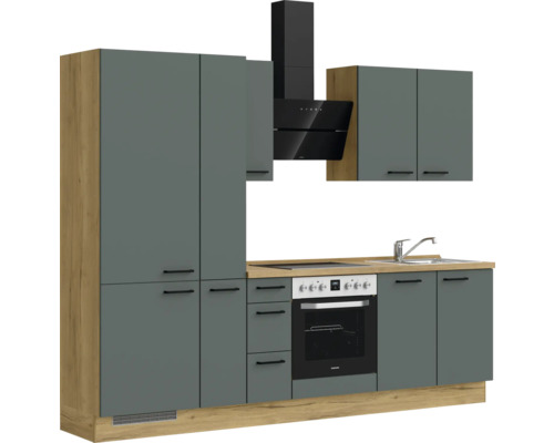 Küchenzeile mit Schränken, Spüle, Herd und Dunstabzugshaube