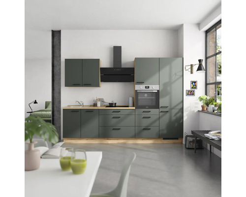 NOBILIA Küchenzeile mit Geräten Urban 300 cm mineralgrün matt vormontiert Variante rechts