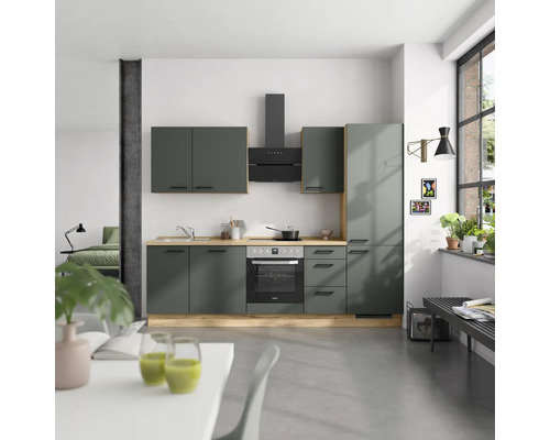 NOBILIA Küchenzeile mit Geräten Urban 270 cm Frontfarbe mineralgrün matt Korpusfarbe eiche sierra Variante rechts