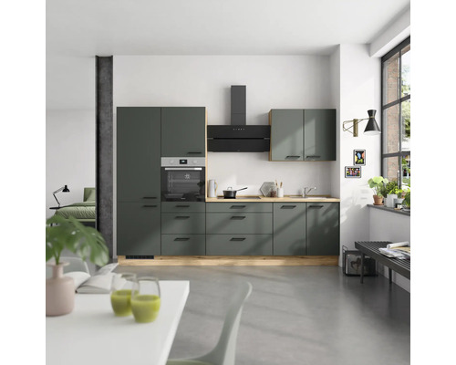 NOBILIA Küchenzeile mit Geräten Urban 300 cm Frontfarbe mineralgrün matt Korpusfarbe eiche sierra Variante links