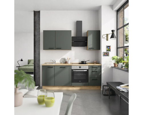 NOBILIA Küchenzeile mit Geräten Urban 210 cm mineralgrün matt vormontiert Variante rechts