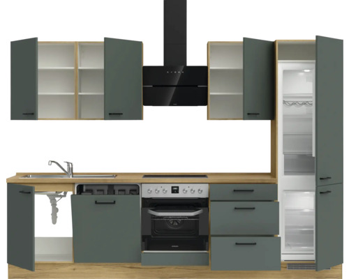 Küchenzeile mit Hängeschränken, Spüle, Geschirrspüler, Herd, Dunstabzugshaube und Kühlschrank