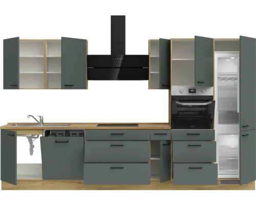 Komplette Küche mit Spüle, Geschirrspüler, Herd, Dunstabzugshaube und Kühlschrank
