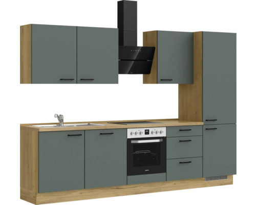 Komplette Küche mit Spüle, Herd, Dunstabzugshaube und grauen Fronten