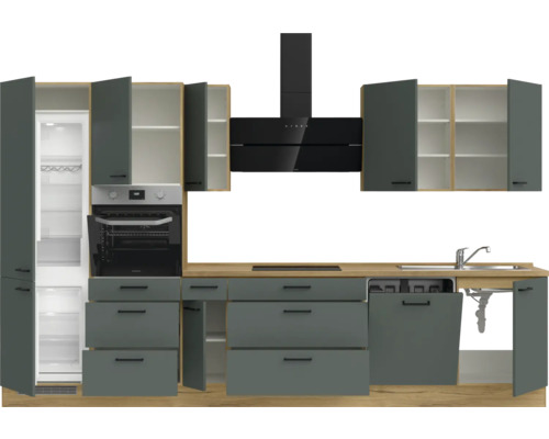 Komplette Küche mit Einbaugeräten, Spüle, Kochfeld, Dunstabzugshaube, Kühlschrank, Backofen und Geschirrspüler
