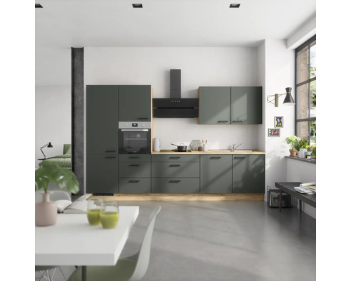 NOBILIA Küchenzeile mit Geräten Urban 330 cm Frontfarbe mineralgrün matt Korpusfarbe eiche sierra Variante links
