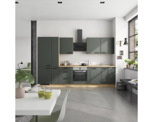 NOBILIA Küchenzeile mit Geräten Urban 330 cm mineralgrün matt vormontiert Variante links