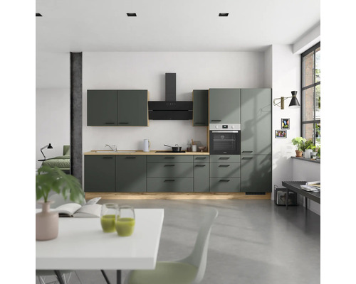 NOBILIA Küchenzeile mit Geräten Urban 360 cm mineralgrün matt vormontiert Variante rechts