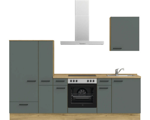 Komplette Küchenzeile mit Unterschränken, Spüle, Kochfeld, Backofen und Dunstabzugshaube