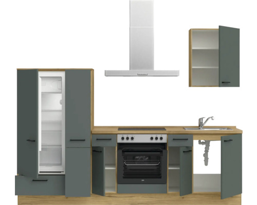 Komplette Küche mit Kühl-Gefrierkombination, Spüle, Herd, Dunstabzugshaube und Hängeschrank
