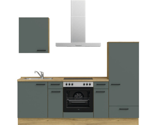 Küchenzeile mit Spüle, Kochfeld, Backofen und Dunstabzugshaube