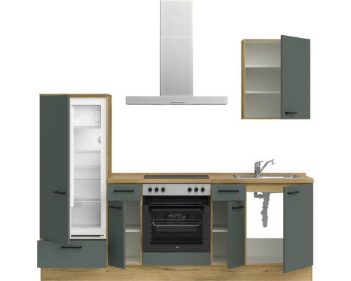 Küchenzeile mit Kühlschrank, Backofen, Spüle, Dunstabzugshaube und Hängeschrank