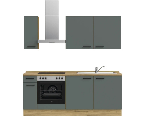 Komplette Küche mit Spüle, Herd, Backofen, Dunstabzugshaube und Hängeschränken
