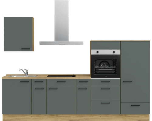 Moderne Einbauküche mit Spüle, Herd, Backofen und Dunstabzugshaube