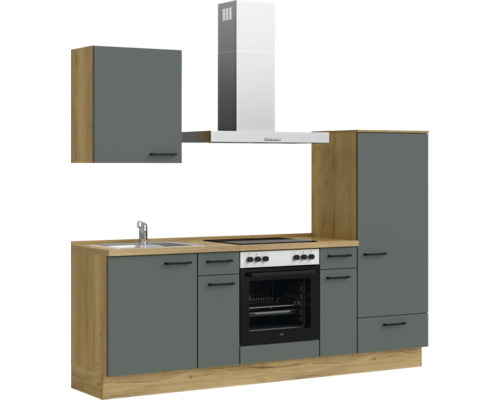 Einbauküche mit Spüle, Herd, Dunstabzugshaube und Schränken