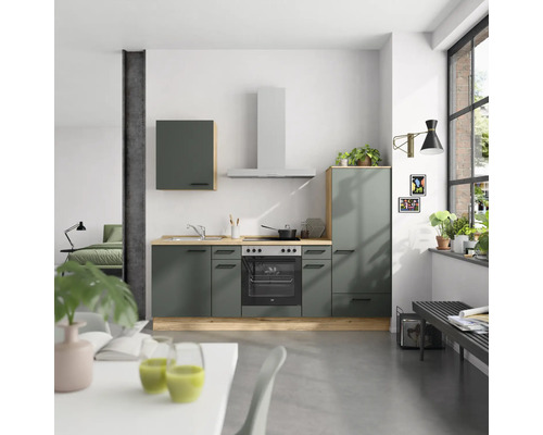 NOBILIA Küchenzeile mit Geräten Urban 240 cm mineralgrün matt vormontiert Variante rechts