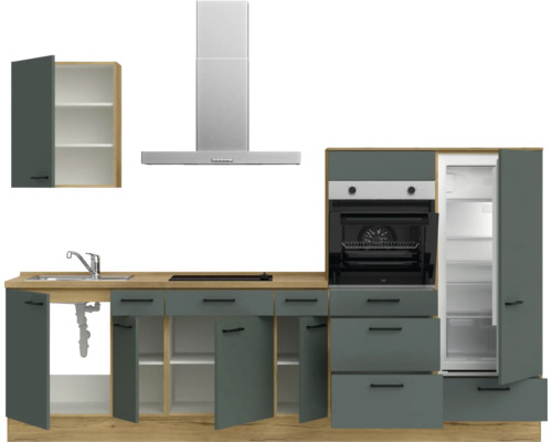 Komplette Küche mit Spüle, Herd, Backofen, Kühlschrank, Dunstabzugshaube und Hängeschrank
