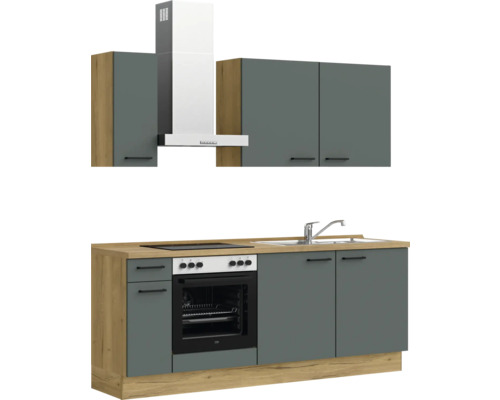 Komplette Küchenzeile mit Spüle, Herd, Dunstabzugshaube und Schränken