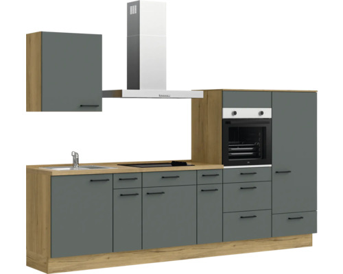 Komplette Küchenzeile mit Spüle, Kochfeld, Backofen, Dunstabzugshaube und Hängeschränken in modernem Design