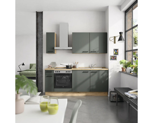 NOBILIA Küchenzeile mit Geräten Urban 210 cm mineralgrün matt montiert Variante links