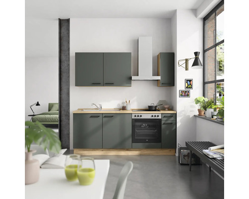 NOBILIA Küchenzeile mit Geräten Urban 210 cm Frontfarbe mineralgrün matt Korpusfarbe eiche sierra Variante rechts
