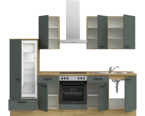 Komplette Küchenzeile mit Spüle, Herd, Kühlschrank und Dunstabzugshaube