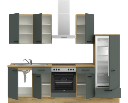 Komplette Küchenzeile mit Spüle, Herd, Backofen, Dunstabzugshaube, Kühl- und Gefrierschrank, sowie Ober- und Unterschränken.