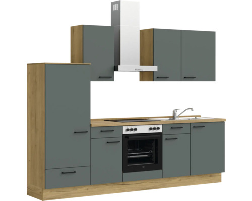 Komplette Küchenzeile mit Hängeschränken, Spüle, Herd, Backofen und Dunstabzugshaube